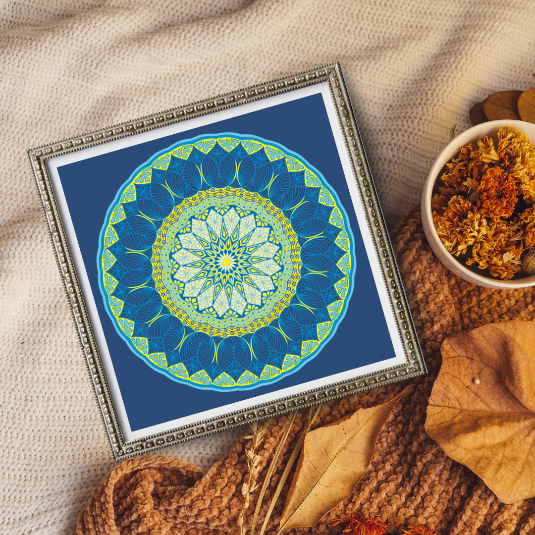 Azure Glow Blue And Yellow Mandala Art - Instant Download - Printable