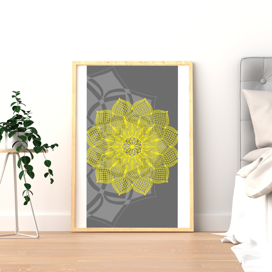 Grey And Yellow Harmony Mandala Art - Instant Download - Printable